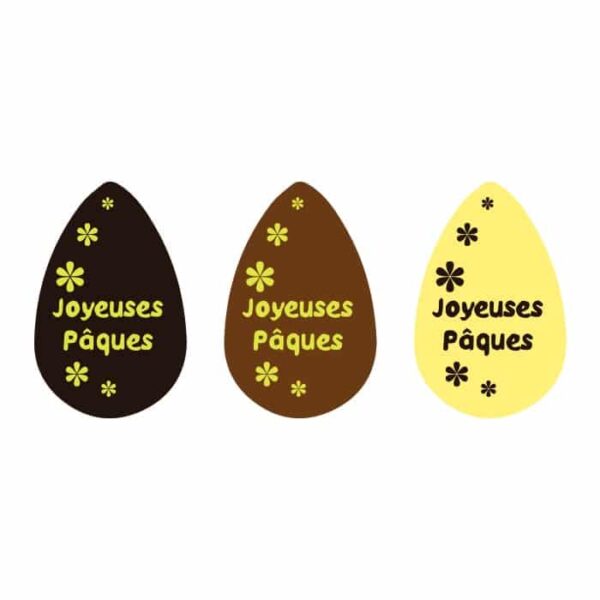 Décor alimentaire œufs joyeuses pâques 70x45mm chocolat noir, lait et blanc sérigraphié