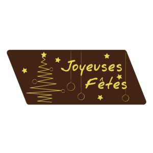 Décor alimentaire rectangle biais joyeuses fêtes 55x25mm chocolat noir sérigraphié